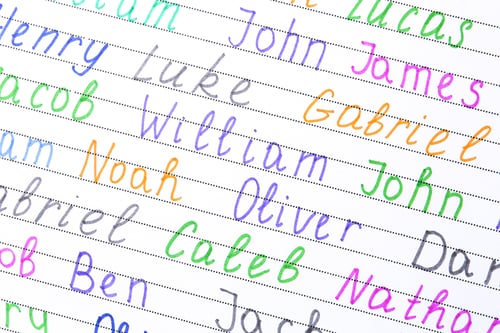 Preview: Different baby names written on paper, closeup