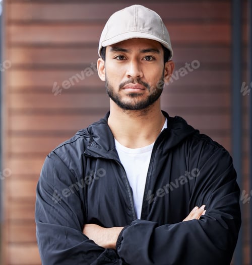 Preview: Courier man, outdoor portrait and arms crossed for service, delivery and ready for supply chain. Yo