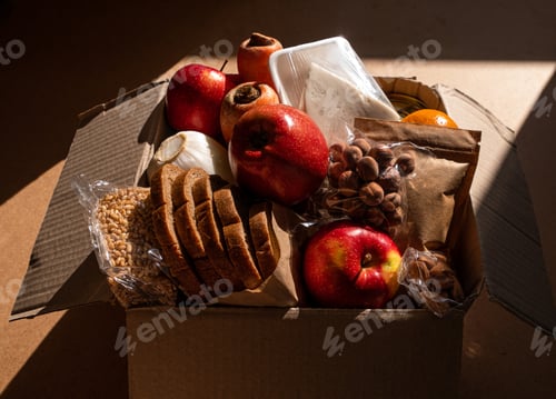 Preview: Healthy food delivery flat lay harsh shadows Take away products. Donation New normal online shopping