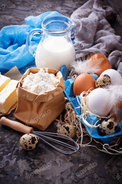 Preview: Ingredients for baking. Milk, butter, eggs, flour