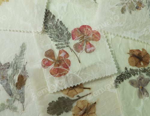 Preview: Dried Pressed flowers, Grunge Background, Antique flora parchment paper.