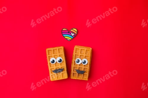 Preview: Couple Beauty sweet Viennese waffles on red background. Concept homosexual lgbt love.