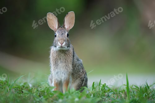 Preview: Grey small hare eating grass on summer field. Wild rabbit in nature