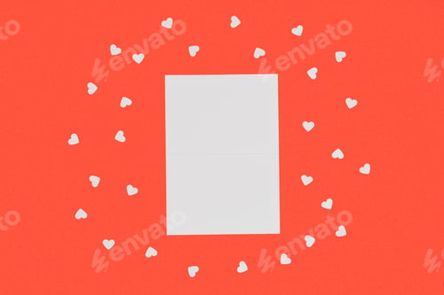 Preview: top view of blank white card and small hearts isolated on red