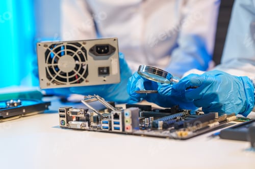 Preview: Close-up of a technician wearing gloves soldering electronic components at a desk in an office
