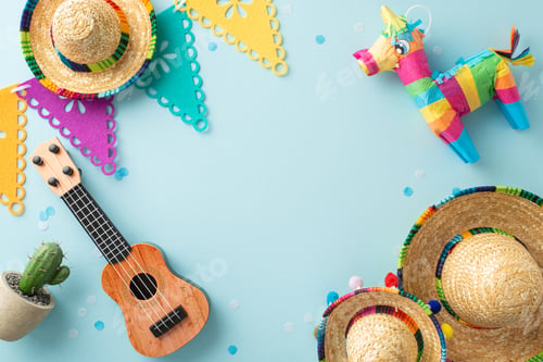 Vista previa: Cinco de Mayo display captured from top view, highlighting traditional pieces such as sombreros