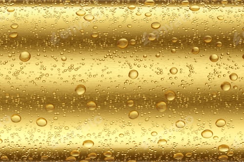 Preview: Water drops on golden brushed metal texture or background. Wet beverage can close-up. 3D rendering.
