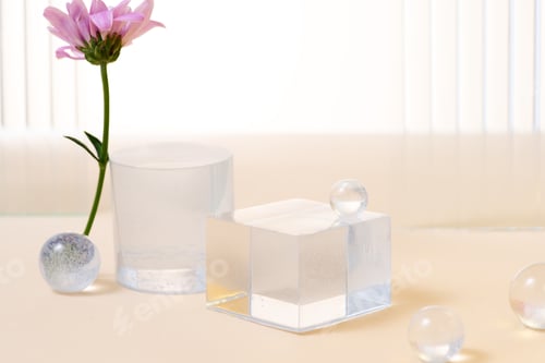 Preview: Glass podium and flower minimal scene on a beige background. Stand to show cosmetic product.