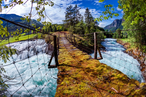 Preview: Suspension bridge over the mountain river, Norway.