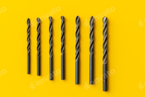 Drill Bits of Various Sizes on Yellow Background