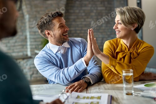 Preview: Happy couple giving high-five after successful meeting with financial advisor.
