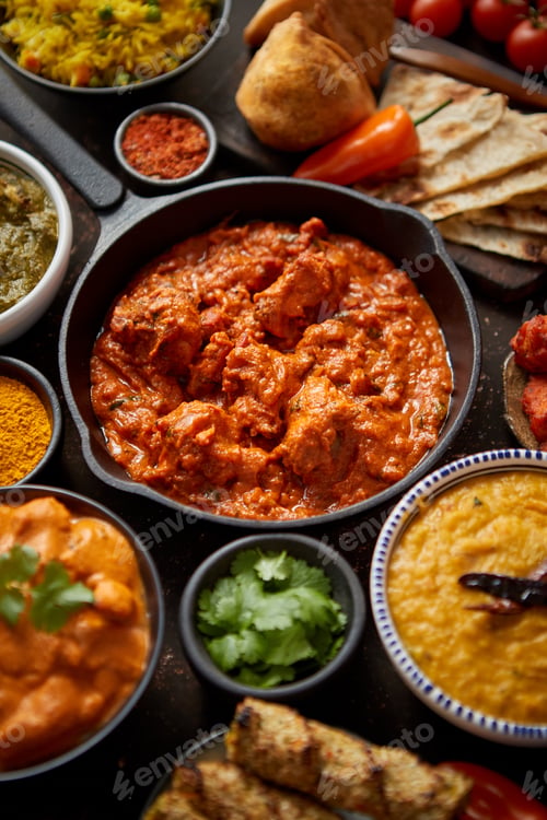 Preview: Assortment of various kinds of Indian cousine on dark rusty table