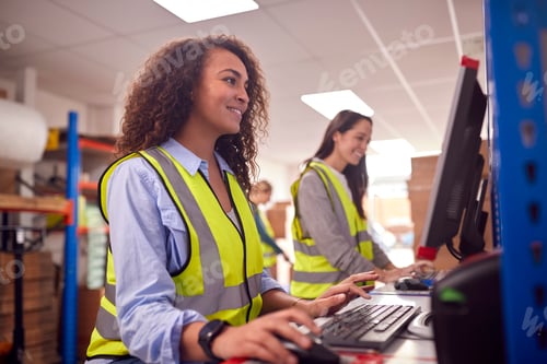 Preview: Female Staff In Busy Modern Warehouse Working On Computer Terminals