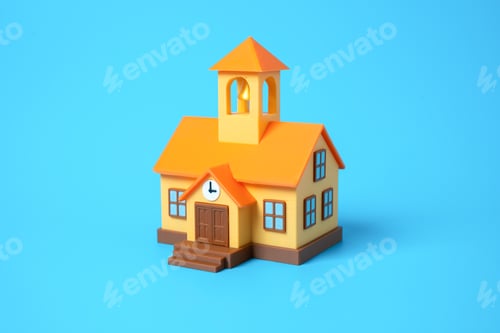 Preview: School building with a bell and clock on the facade. Education system, private school, public school