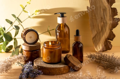 Preview: Soy candles in a glass jar. Aromatherapy. Burning candle and lavender.