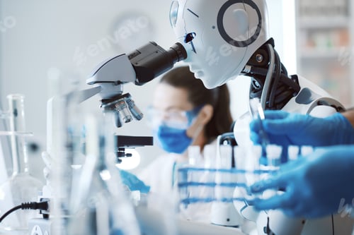 Preview: Scientist and humanoid robot working together in the science lab