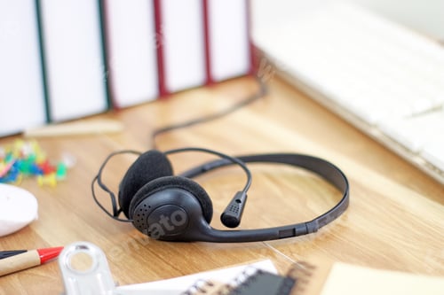Preview: Workspace with headset and office equipments on wood desk work background