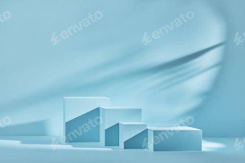 Preview: Blue background for product presentation with shadows and light. Empty podiums. Mockup.