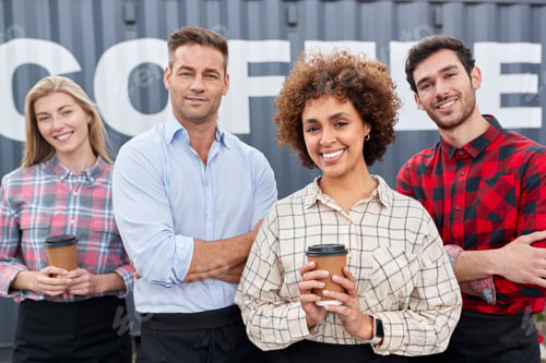Preview: Portrait Of Team Working For Coffee Shop Or Distribution Business Standing By Shipping Container