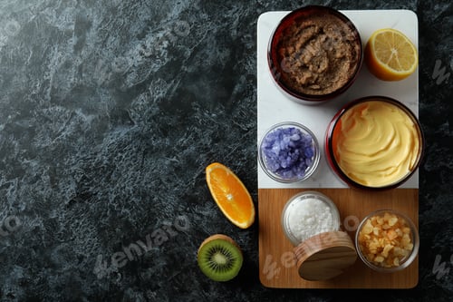 Preview: Skin care scrub concept on black smokey background