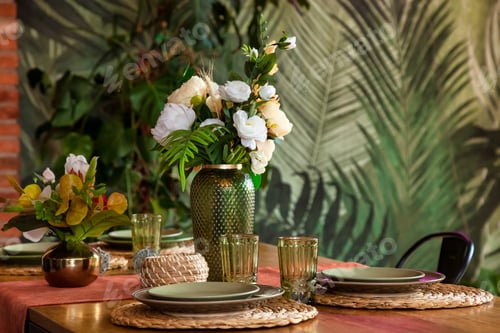Preview: Close up shot of dinner table set up with tableware and glasses in living room