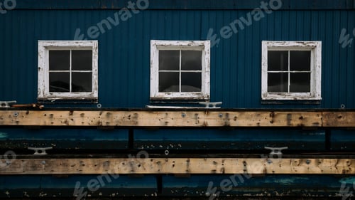 Preview: Closeup of a blue wooden house with three white windows in the countryside