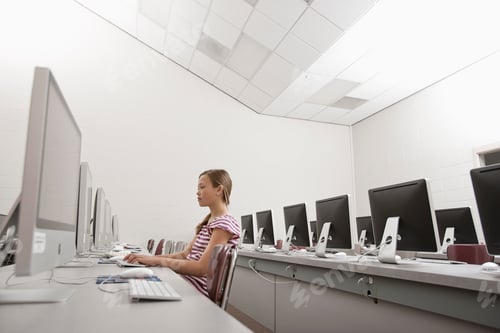 Preview: A young person seated working at a computer terminal in a school room.
