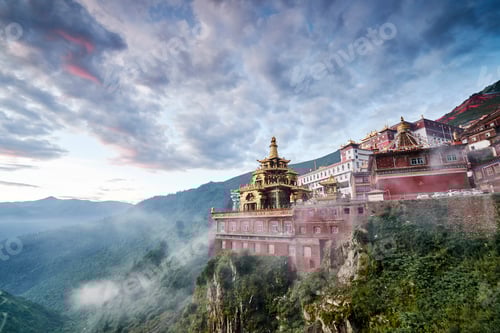 Preview: Katok Monastery in morning mist, Baiyu, Sichuan, China