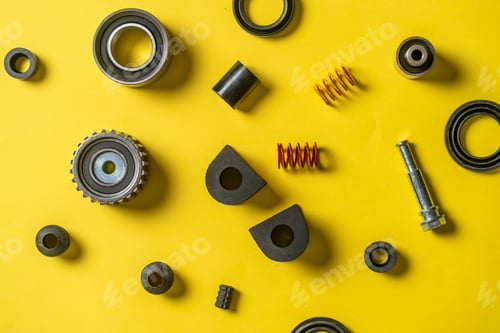 Preview: a new car spare parts flat lay, pieces for automobile engine repair, flat lay