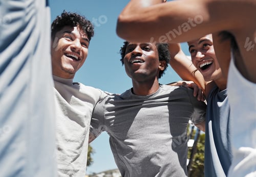 Preview: Fitness men, support circle and team building in nature for training, exercise or workout game, mat