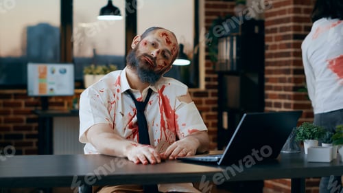 Preview: Bizarre looking zombie using modern laptop in office workspace.