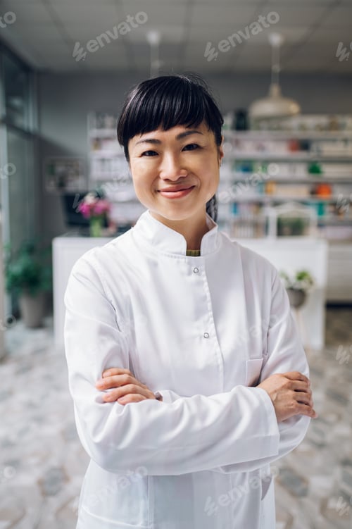 Preview: Close up of a Japanese druggist posing in an apothecary.