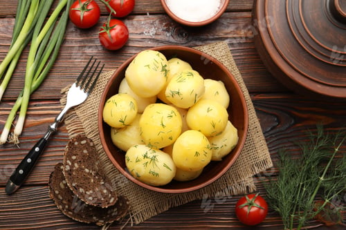 Preview: Tasty young boiled potatoes with dill in bowl served on wooden table, flat lay