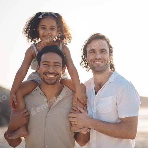 Preview: Gay couple, portrait and smile with family at beach for seaside holiday, support and travel. Summer