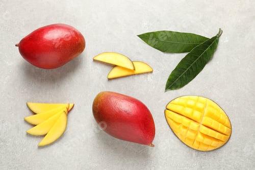 Preview: Flat lay composition with mango on grey background