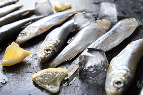 Preview: Fresh raw small sea fish, lemon and ice on black background. Close-up, selective focus.