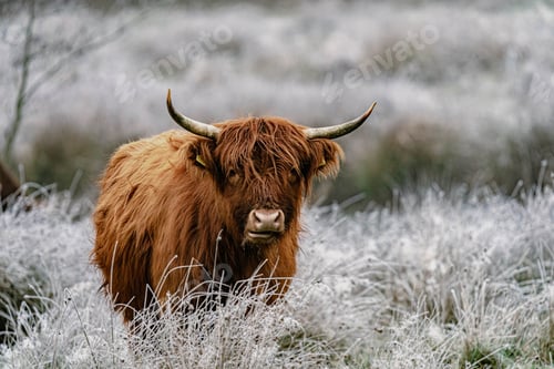 Preview: a brown cow standing on top of a frost covered field