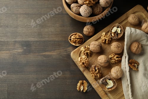 Preview: Concept of healthy food with walnuts on wooden background