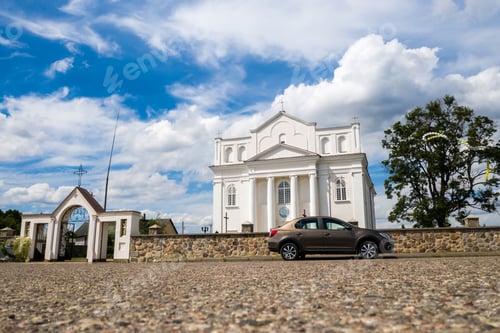 Preview: Top view of the white Church in the city of Ostrovets in the summer of the Grodno region, various