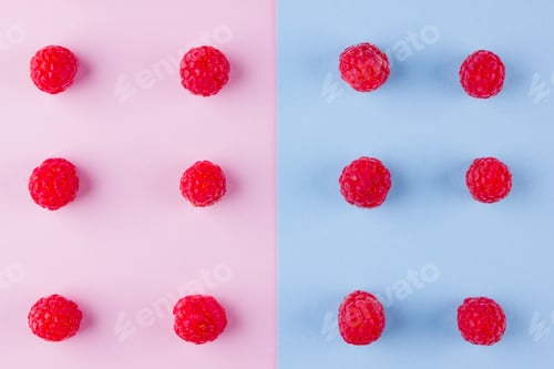 Preview: Pattern Of Raspberries On Pink Blue Background. Colorful Diet And Healthy Food Concept. Background