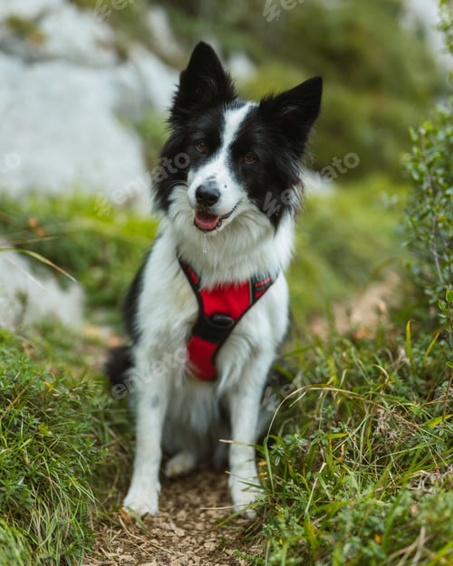 Preview: Cheerful border collie wearing a vibrant red harness in a picturesque mountain trail