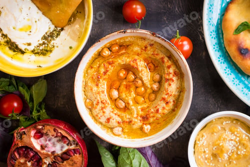 Preview: Table served with middle eastern traditional vegetarian dishes