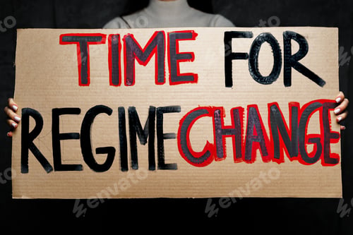 Preview: 'Time for regime change' protest placard close up