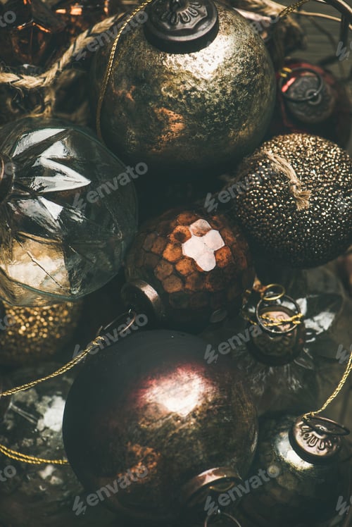 Preview: Vintage Christmas or New Year holiday decoration balls, vertical composition