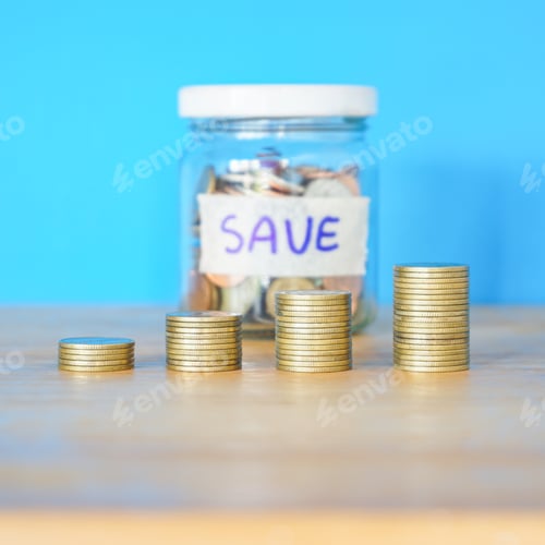 Preview: Saving Money Concept with Stacked Coins and Jar