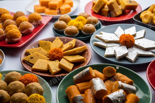 Preview: Group of Indian assorted sweets or mithai with diya