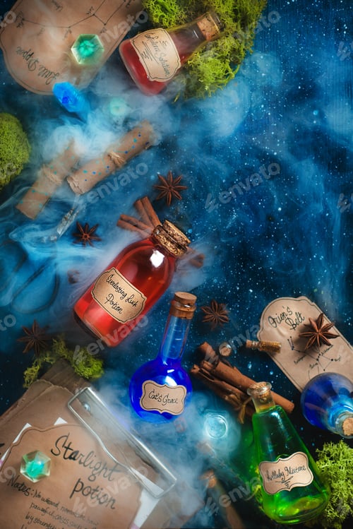 Preview: Colorful bottles of magical potions with handwritten labels, steam and oss on a dark wooden