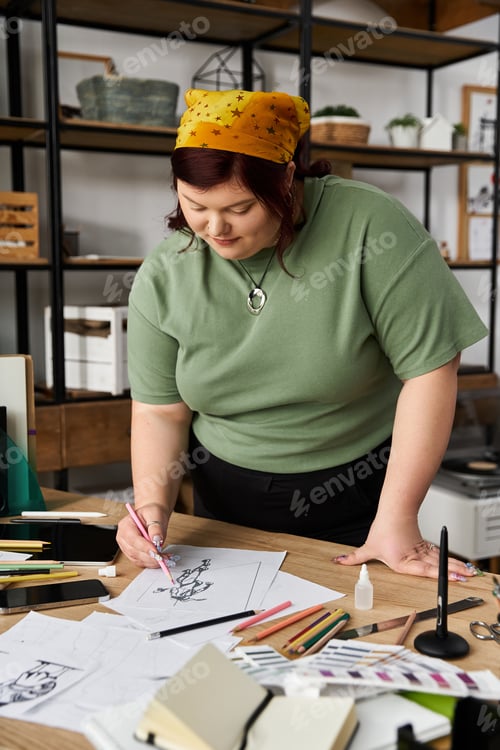 Preview: Creative woman engaged in artistic design and expression in a vibrant art studio space