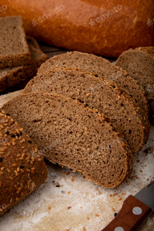Preview: close-up view of sandwich bread slices on wooden surface