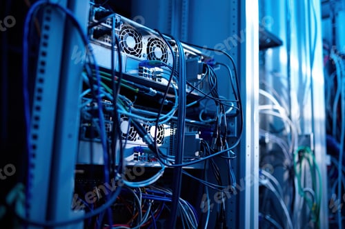 Preview: Computer internet equipment and wires in server room